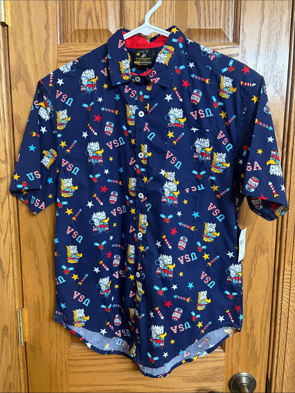 Men's Navy Short-Sleeve Button-Up Shirt - Patriotic Print